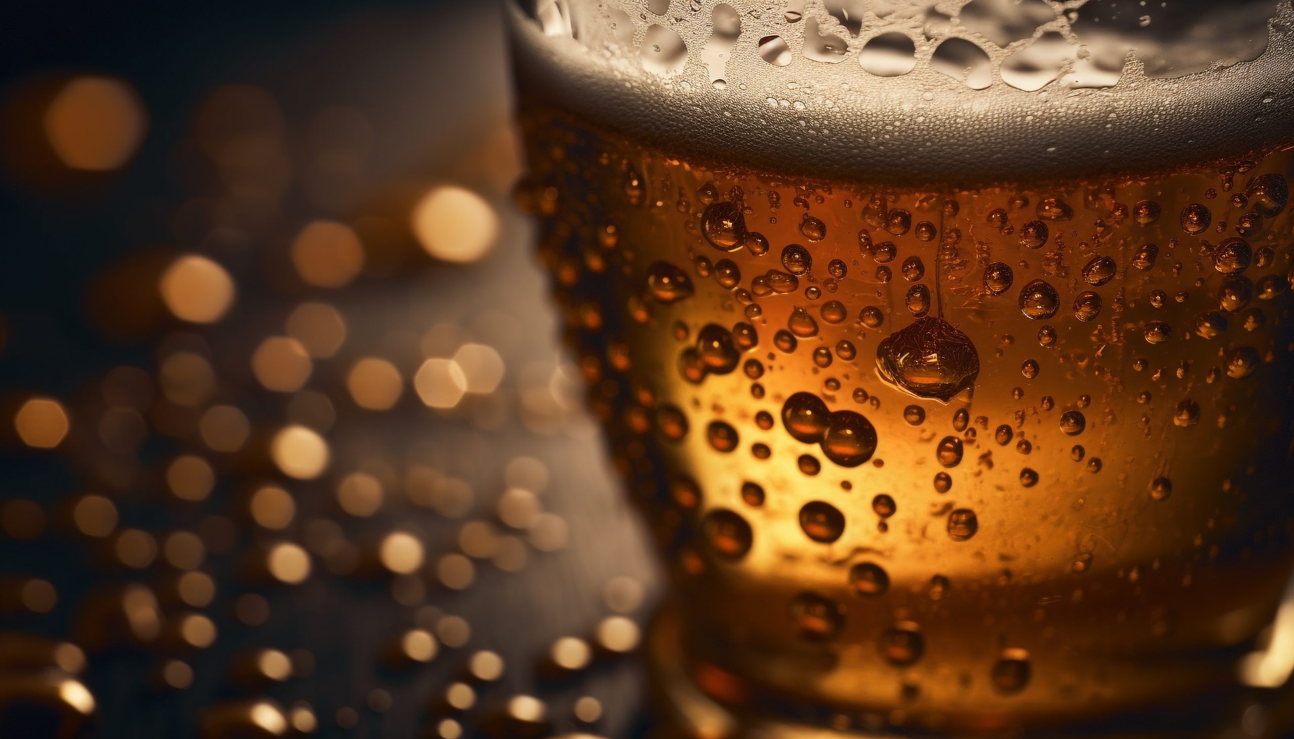 golden beer bubbles drop in wet glass generated by ai