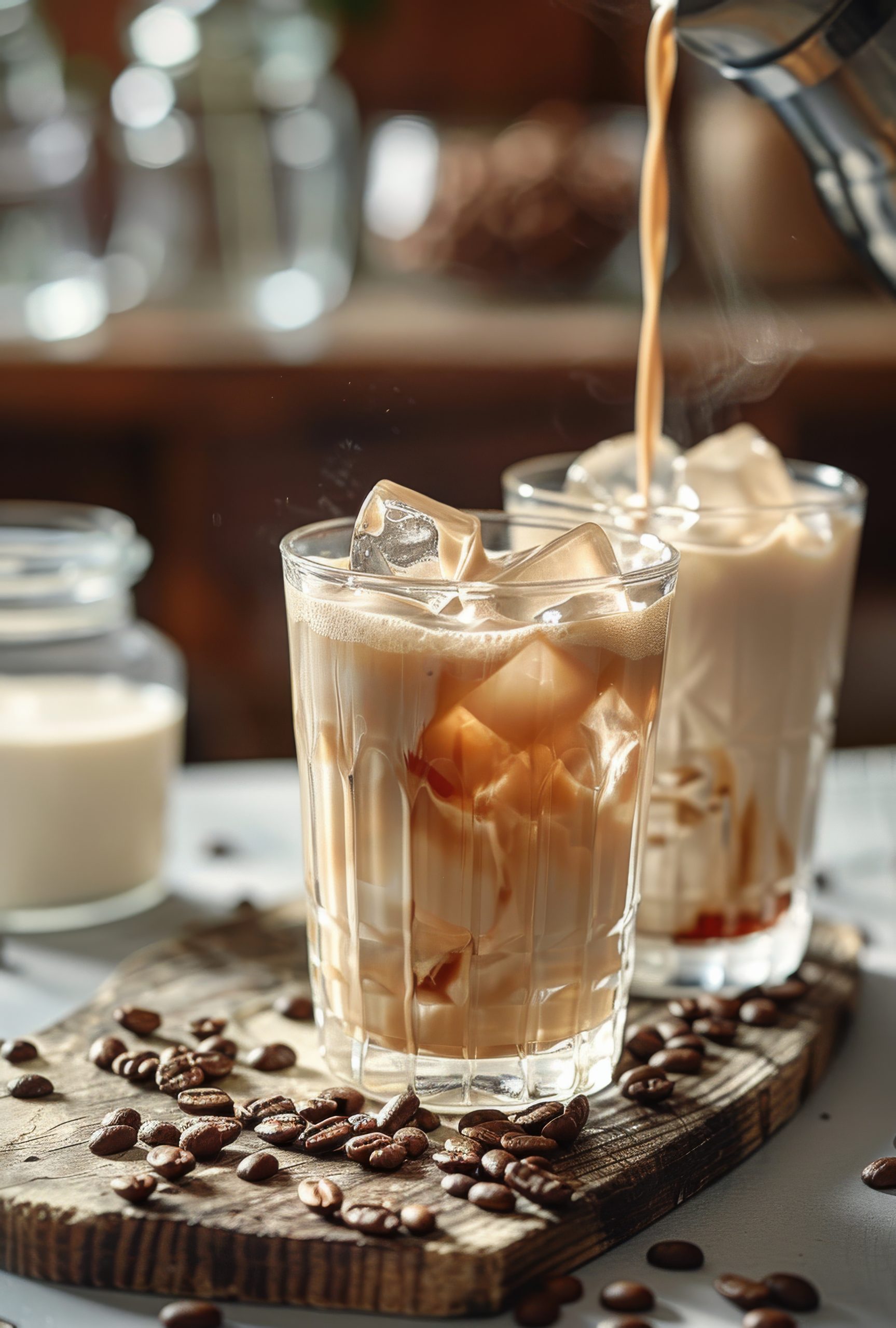 iced coffee being poured into glass with ice